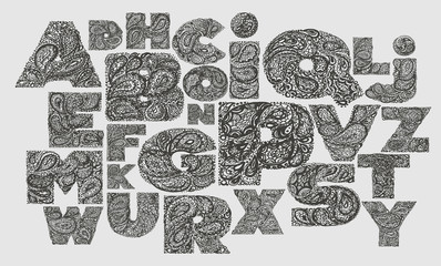 Decorative Alphabet with a paisley zen doodle tattoo ornaments f