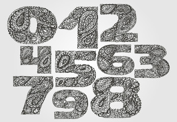 Numbers decorative set with a paisley zen doodle tattoo ornament