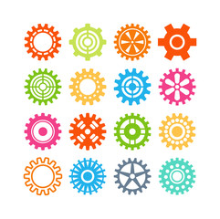 Vector gears icons set machine wheel mechanism machinery mechanical, technology technical sign. Engineering symbol, round element gears icons. Gears icons work concept, industrial design.