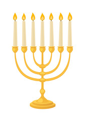 Golden jew menorah with candles hebrew religion tradition. Vector jew candle traditional decoration flame. Candelabrum hanukkah orthodox jew candle judaism holiday menorah. Chanukah festival.