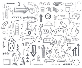 Vector illustration of black arrow icons hand drawn sketch. Right orientation navigation direction arrows icons. Simple hand drawn application upload arrows icons circle redo previous design.