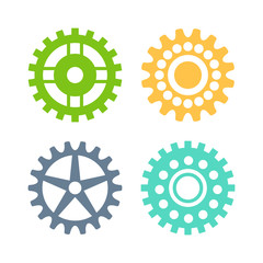 Vector gears icons set machine wheel mechanism machinery mechanical, technology technical sign. Engineering symbol, round element gears icons. Gears icons work concept, industrial design.