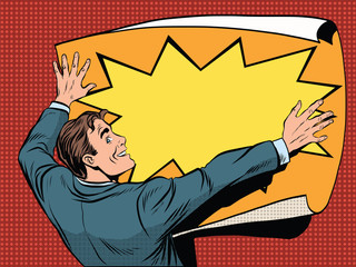 Retro man unfolds a poster © studiostoks