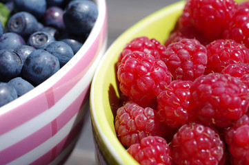 Mature juicy berries of raspberry and bilberry  in a plates on a wooden table