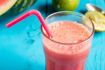 healthy Paleo Vegan Watermelon Fresh Smoothie with Mint Leaves, Cucumber and Lime Citrus