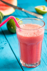 Amazing Healthy Watermelon Fresh Smoothie with Mint Leaves, Cucumber and Lime Citrus