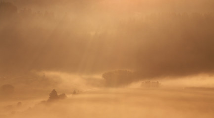 Foggy summer morning in the Alps