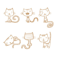 Cartoon doodle cats set. Six little cute kittens. Children's illustration. Funny animals. Vector contour image no fill.