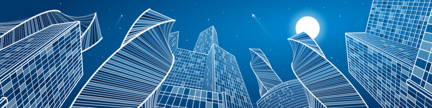 Business building, mega panorama of night city, urban scene, infrastructure illustration, modern architecture, skyscrapers, airplanes flying, vector design art