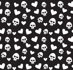 Skulls and hearts seamless pattern on a black background.