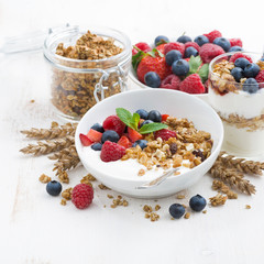 healthy breakfast with natural yogurt, muesli and berries