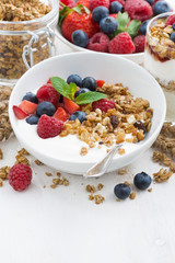 healthy breakfast with natural yogurt, muesli and fresh berries