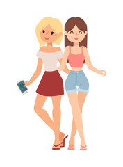 Two happy young girlfriends telling secrets and gossip girls vector illustration. Attractive fun adult gossip girl and rumor talk whisper girls gossip.