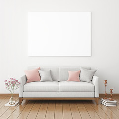 Horizontal interior poster mock-up with fabric sofa and pillows on  white wall background. 3D rendering.