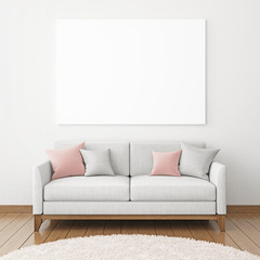Horizontal interior poster mock-up with fabric sofa and pillows on  white wall background. 3D rendering.