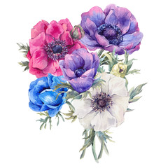 Watercolor greeting card with anemones