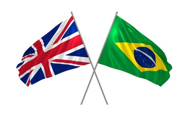 3d illustration of UK and Brazil flags together waving in the wind