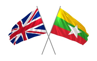 3d illustration of UK and Myanmar flags together waving in the wind