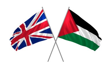 3d illustration of UK and Palestine flags together waving in the wind
