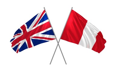 3d illustration of UK and Peru flags together waving in the wind