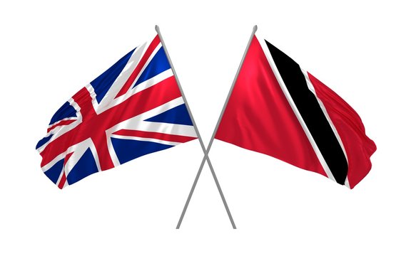 3d illustration of UK with Trinidad and Tobago flags together waving in the wind