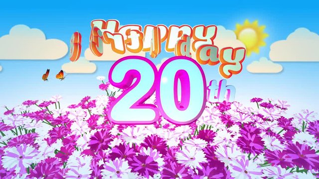Happy 20th Birthday in a Field of Flowers, seamless looping Animation with two little Butterfly circulating Motion Title Logo.