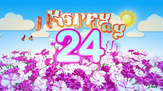 Happy 24th Birthday in a Field of Flowers while two little Butterflys circulating around the Logo. Twenty seconds seamless looping Animation.