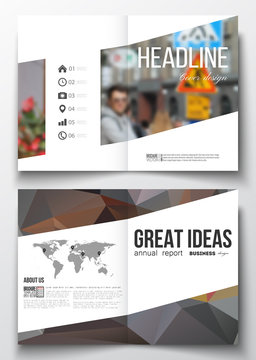 Set of business templates for brochure, magazine, flyer, booklet or annual report. Polygonal background, blurred image, urban landscape, cityscape, modern triangular texture