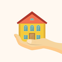 Affordable housing icon. House in hand vector illustration. Flat style