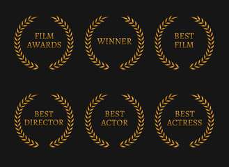 Film academy awards winners and best nominee gold wreaths on black background.