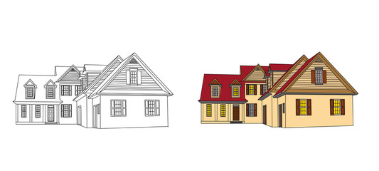 house design and the finished house. vector illustration