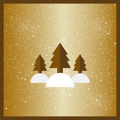 Gold stylized flat Christmas trees on gold background. Ribbons decoration. Vector background.