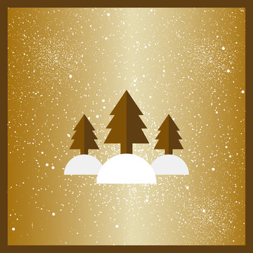 Gold stylized flat Christmas trees on gold background. Ribbons decoration. Vector background.