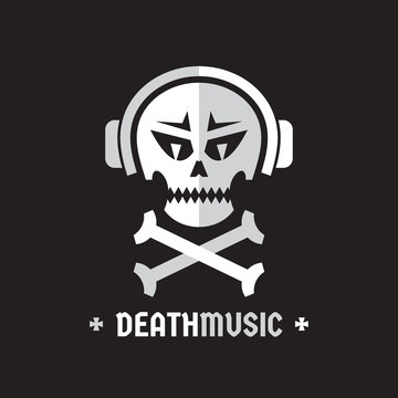Death music - vector logo template concept illustration. Human skull with headphones sign. Design element.