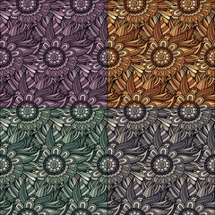 Vector seamless abstract flowers patterns set.