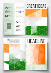 Set of business templates for brochure, magazine, flyer, booklet or annual report. Happy Indian Independence Day celebration background with Ashoka wheel and national flag colors, vector illustration.