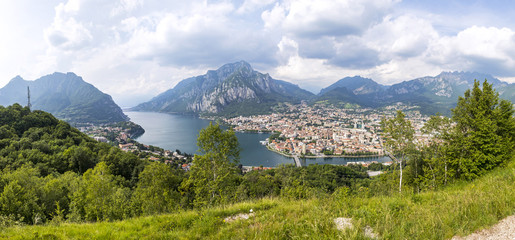 Panoramic aerial view of Lake Como and Lecco city, Italy