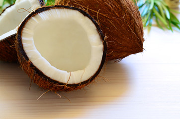 Close up of coconut with palm leaf on wooden background. Copy space.
