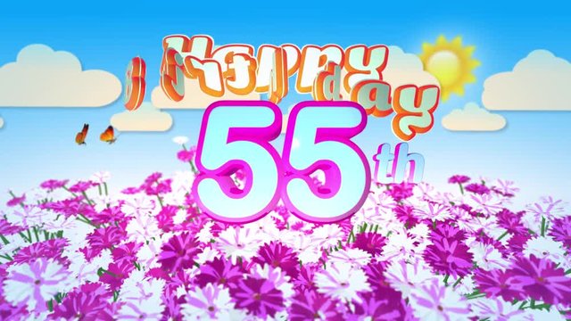 Happy 55th Birtday in a Field of Flowers while two little Butterflys circulating around the Logo. Twenty seconds seamless looping Animation.