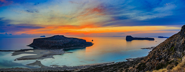 Amazing sunset of Balos Lagoon and Gramvousa island on Crete, Greece  