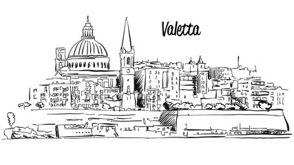 Valetta, Malta. Panorama Waterfront Outline Vector Sketch - obrazy, fototapety, plakaty