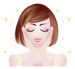 Illustration : Young women put hands on face, and  glitter