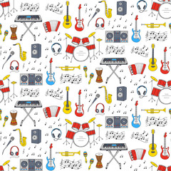 Fototapeta premium Music icons vector illustrations hand drawn doodle seamless background. Musical instruments and symbols guitar, drum set, synthesizer, dj mixer, stereo, microphone, accordion,saxophone, headphones.