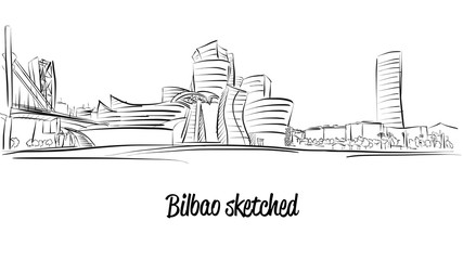 Bilbao Skyline, Hand drawn Vector Artwork - obrazy, fototapety, plakaty
