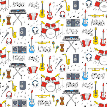 Music Icons Vector Illustrations Hand Drawn Doodle Seamless Background.  Musical Instruments And Symbols Guitar, Drum Set, Synthesizer, Dj Mixer, Stereo, Microphone,  Accordion,saxophone, Headphones.