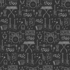 Music icons vector illustrations hand drawn doodle seamless background.  Musical instruments and symbols guitar, drum set, synthesizer, dj mixer, stereo, microphone,  accordion,saxophone, headphones.