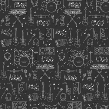Music icons vector illustrations hand drawn doodle seamless background.  Musical instruments and symbols guitar, drum set, synthesizer, dj mixer, stereo, microphone,  accordion,saxophone, headphones.