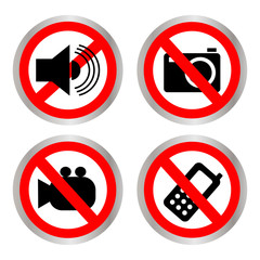 Set of icons forbidding. Do not call, do not take pictures, do not make noise.