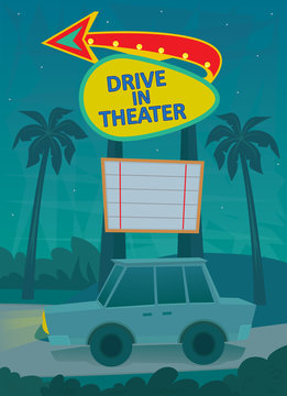 Drive In Poster - A Night Scene Of A Drive In Theater Entrance, With A Neon Sign And A Car Driving By. Eps10