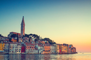 Fototapeta premium view on old town in Rovinj, Istria, Croatia. Vintage look